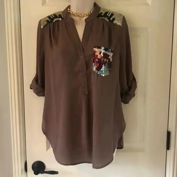 Entro brown long sleeve sequence blouse size small southwestern design - Picture 8 of 11